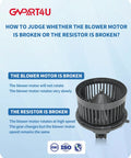 Infographic with steps to identify broken blower motor or resistor, featuring image of HVAC blower motor unit and company logo.