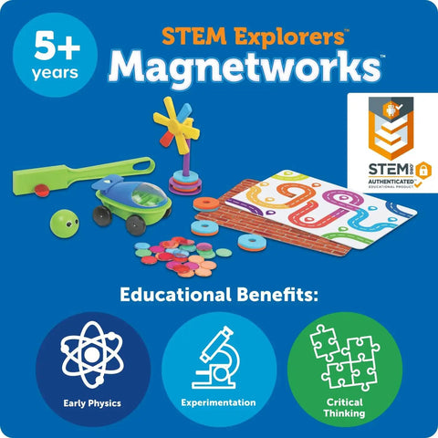 Hands On STEM Magnetworks Set With 14 Magnet Experiments For Kids Ages 5 And Up, Magnetic Science Toys displayed with components