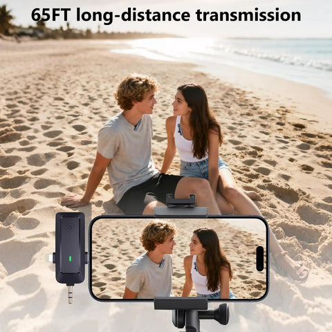 Couple on beach using 4 in 1 Wireless Lavalier Microphone With Universal Receiver For iPhone Android Cameras