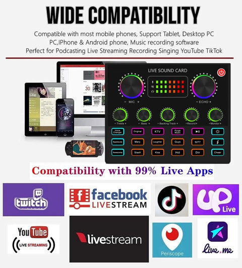 Compatibility features of V8max Voice Changer And Podcast Microphone Bundle with studio condenser mic and upgraded sound card.