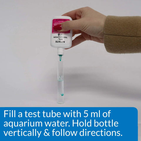 Zero Drama Saltwater Aquarium Water Test Kit showing test tube filling with nitrite test solution for accurate readings.