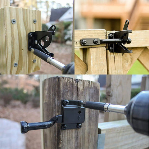 Heavy Duty Beefy Self Locking Gate Latch for Wooden Fences with Automatic Gravity Lever Longer Fasteners Pull String Black Finish