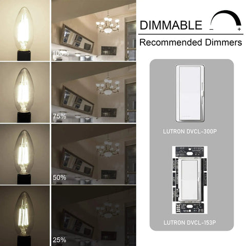 Dimmable E12 LED Candle Bulb 4000K Daylight For Chandeliers And Ceiling Fans, Vintage B11 Clear Glass showing dimming settings and recommended dimmers