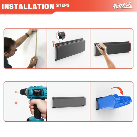 Installation steps for Wall Mounted Tool Organizer Bins With 8 Plastic Bins And 2 Metal Tracks For Garage And Craft Room Storage.