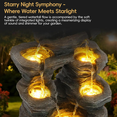 7 Tier Cascading Rock Fountain With LED Lights For Garden And Patio Stone Look Resin Water Feature 23.6 Inch Tall in use