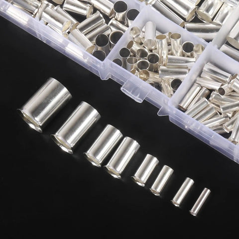 Premium Wire Ferrule And Crimp Terminal Kit Featuring Copper Silver Plated Non-Insulated Sleeves, 8 AWG Sizes assortment in box