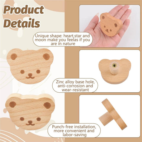 Bear Shaped Wooden Knobs 6 Pieces Single Hole Beech Wood Cabinet Handles Polished Smooth For Drawers And Cupboards with details