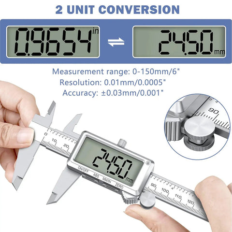 Go-To 6 Inch Digital Caliper With Rechargeable Battery, Inches To Millimeters Conversion, Big LCD Screen, Stainless Steel