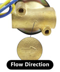 Close-up of Three Quarters Inch Brass Electric Solenoid Valve with flow direction marked, 110V AC, NPT thread, easy install for water lines.