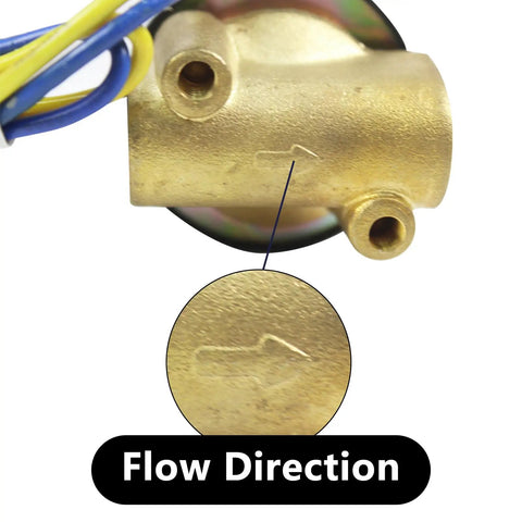 Close-up of Three Quarters Inch Brass Electric Solenoid Valve with flow direction marked, 110V AC, NPT thread, easy install for water lines.