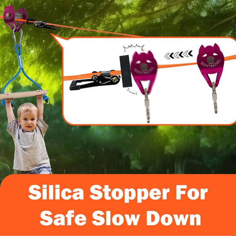 Child using Zipline Pulley For Slackline Kit With Ninja Slider And Brake Stopper, Smooth Glide for outdoor fun