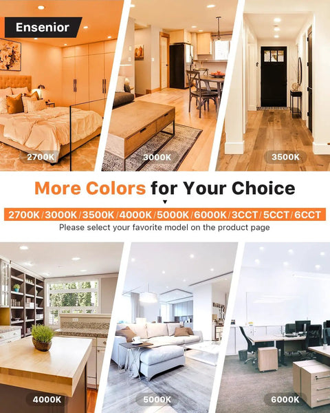 Image showing different rooms illuminated with various colors of LED lights, with color temperatures labeled, including 4 Pack 6 Inch LED Recessed Light Set Dimmable 3CCT Tunable 3000K-5000K, 1200LM High Brightness, 12W 120V, Damp Rated, Ultra Thin Canless Wafer Ceiling Light, ETL FCC IC Approved.