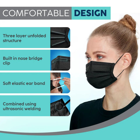 Woman wearing a black 3 Ply Disposable Face Mask With All Day Comfort And Breathable Material Adjustable Elastic Ear Loops.