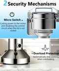 Powerhouse 1800W High Speed Grain Mill Grinder with timer showing micro switch and overload protection features.