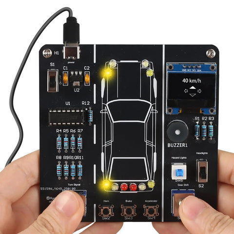 Hands-on view of DIY Car Driving Simulation And Soldering Practice Kit for high school and college students with electronics board.
