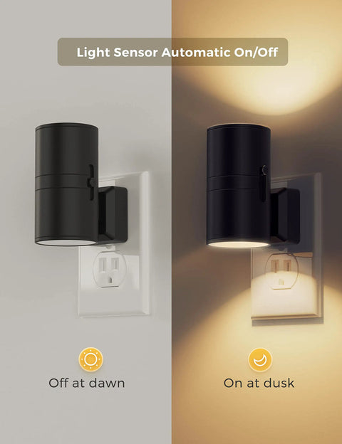 Four Pack Plug In Night Lights With Dimmable Brightness, Light Sensor Auto On Off, Soft White 3000K Black Shade No Fuss showing on/off