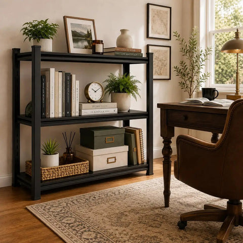 Big Time 3 Tier Metal Bookshelf With Adjustable Storage Shelves Built Rock Solid From Thick Cold Rolled Steel in a home setting.