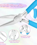 Close-up of Three Piece Jewelry Pliers Set with needle nose pliers showing blue non-slip handle and rust-proof material.