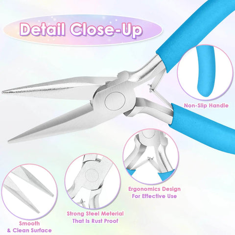 Close-up of Three Piece Jewelry Pliers Set with needle nose pliers showing blue non-slip handle and rust-proof material.