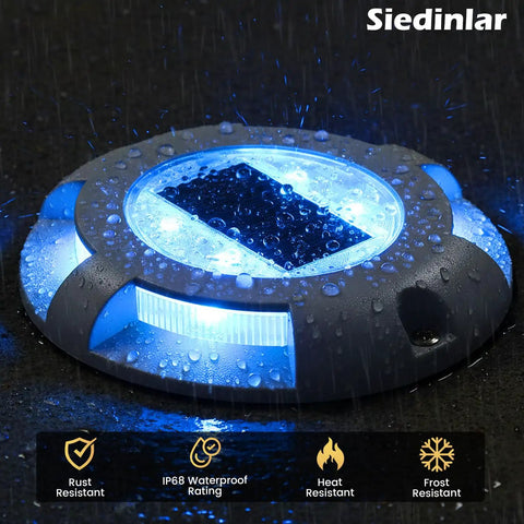 Blue Solar Deck Lights 12 Pack Outdoor LED Path Markers Waterproof Garden Step Lights for Driveway Walkway Dock Aluminum Alloy Construction Auto On Solar Powered Easy Setup No Wiring illuminated in the rain
