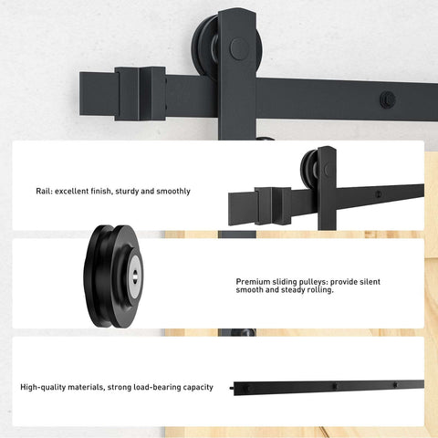 Components of 6.6Ft Barn Door Hardware Kit With Adjustable Floor Guide For Quiet, Smooth Sliding - Built Tough, Heavy Duty Track System Fits 36 To 40 Inch Wide Panels, Black I Shape Hanger
