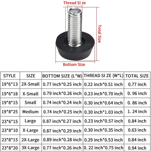 Premium Adjustable Leveling Feet With Screw On Mount M6 Thread Furniture Shim with measurements for various sizes and dimensions.