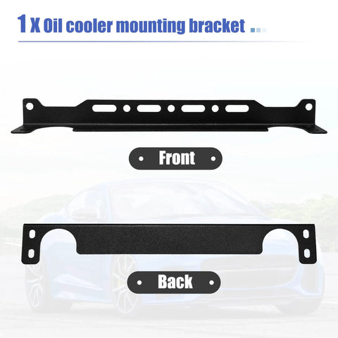 Universal Oil Cooler Mounting Bracket Kit for 330mm Aluminum Alloy Engine Oil Cooler, front and back view.