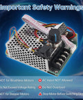 Ultra Tough Pwm Dc Brushed Motor Speed Controller Featuring Bright Tunable Digital Readout, showing safety warnings and input connections.