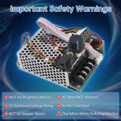 Ultra Tough Pwm Dc Brushed Motor Speed Controller Featuring Bright Tunable Digital Readout, showing safety warnings and input connections.