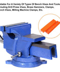 2 Set Magnetic Vise Jaw Pads 5 Inch Soft Rubber Bench Protectors on blue bench vise with clamp for various tools.