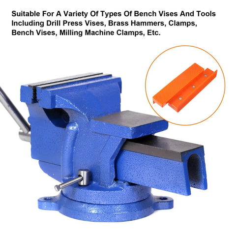 2 Set Magnetic Vise Jaw Pads 5 Inch Soft Rubber Bench Protectors on blue bench vise with clamp for various tools.