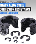 Heavy Duty Black Alloy Steel External E Clip Retaining Ring Washer Set 328 Piece Set Nine Sizes Built To Last With Heat Treated Tough Tensile Strength Includes 1.5mm 3mm 4mm And More For Automotive Machinery And DIY Projects displayed.