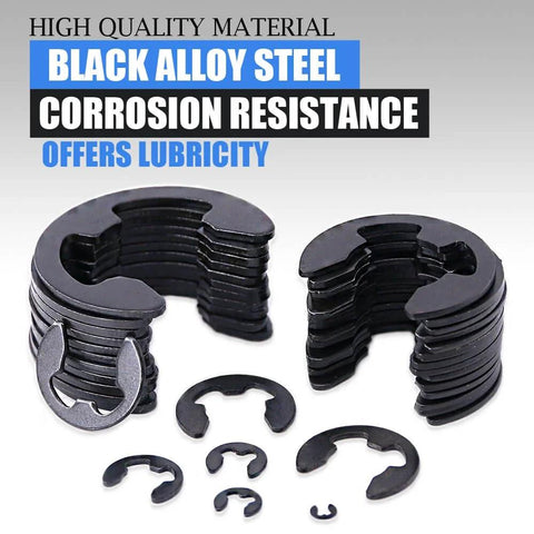 Heavy Duty Black Alloy Steel External E Clip Retaining Ring Washer Set 328 Piece Set Nine Sizes Built To Last With Heat Treated Tough Tensile Strength Includes 1.5mm 3mm 4mm And More For Automotive Machinery And DIY Projects displayed.