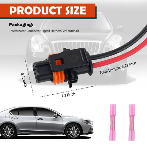 Alternator Pigtail Harness With Terminals 2 Pin Plug OEM 25877026 showing dimensions with car graphics and terminals.