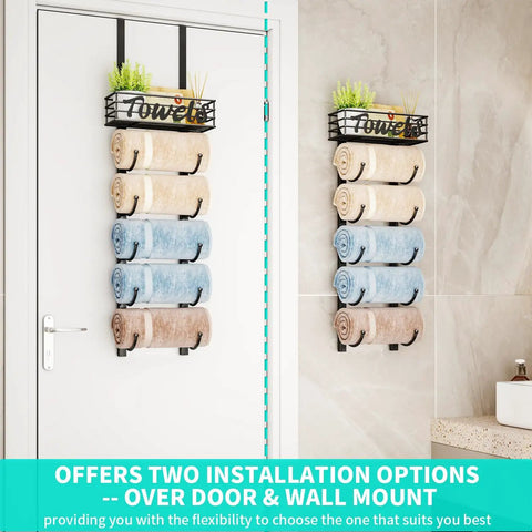 Six Tier Over The Door And Wall Mount Towel Rack With Metal Shelf Basket For Small Bathrooms Campers And RVs Black Patented Design