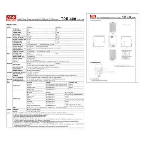 24V 20A 480W Three Phase DIN Rail Power Supply With 340 550 VAC Wide Input Ultra Slim 85mm Plug And Play Installation UL508 Certified Active PFC 93 Percent Efficiency Ideal For Industrial Automation And Semiconductor Fabrication, spec sheet