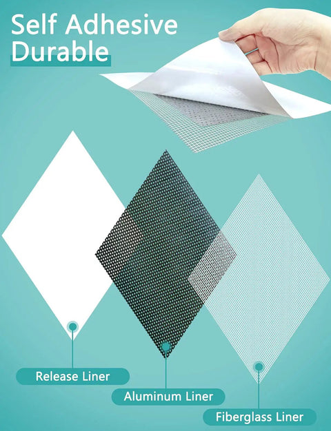 Layers of 15-Piece Drywall Repair Kit With Self Adhesive Fiberglass Mesh Patches In 2, 4, 6, 8 Inch Sizes, Aluminum Plate Patches