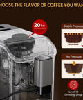 Fully Automatic Espresso Machine Delivering Knockout Crema With 20 Bar Pump Pressure Built In Burr Grinder showing pressure system and grinding levels.