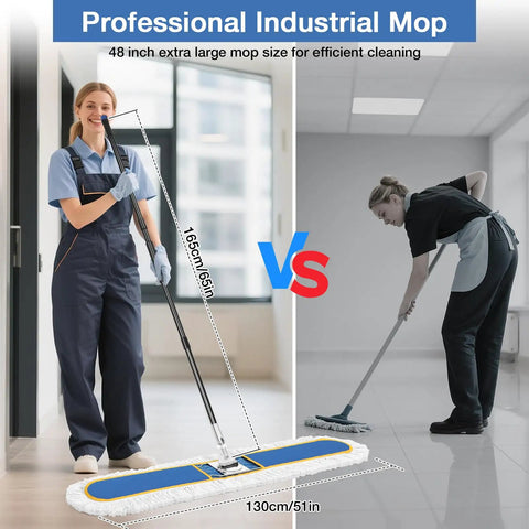 Comparison of 48 Inch Commercial Dust Mop Featuring Oversized Head Heavy Duty Floor Sweeper and smaller mop for efficient cleaning.