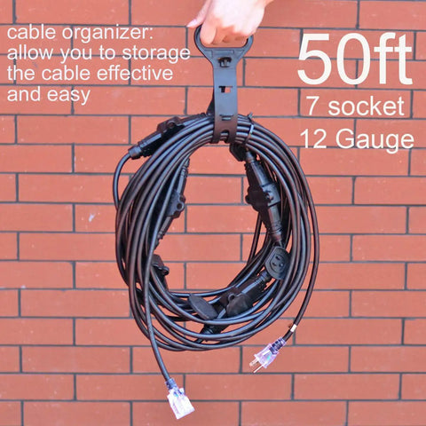 50 Foot 12 Gauge Outdoor Power Extension Cord With Seven Outlets ETL Listed IP44 Weatherproof Cap, coiled with handle