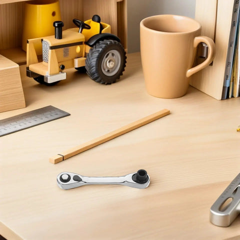 Heavy Duty Mini Ratchet Wrench 2 Pc Double Ended Socket Set Featuring A Smooth 72 Tooth Quick Release Drive and compact on a desk.