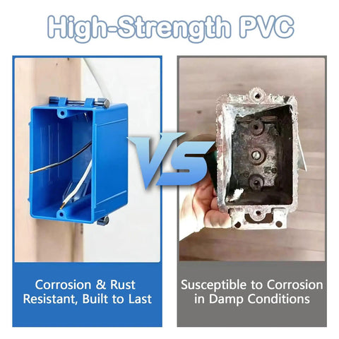 Comparison of 10 Pack 1-Gang PVC New Work Outlet Box In Blue With 18 Cu In Capacity vs metal box, highlighting durability