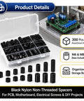 M6 And M8 Nylon Spacers Kit 300 Pieces Black Round Standoff Spacers For PCB Board Electronics DIY Mounting Hardware Ideal For Circuit Assembly Mounting And Hardware Spacing Gear. Black nylon non-threaded spacers in storage box, M6/M8 sizes, for PCB mounting
