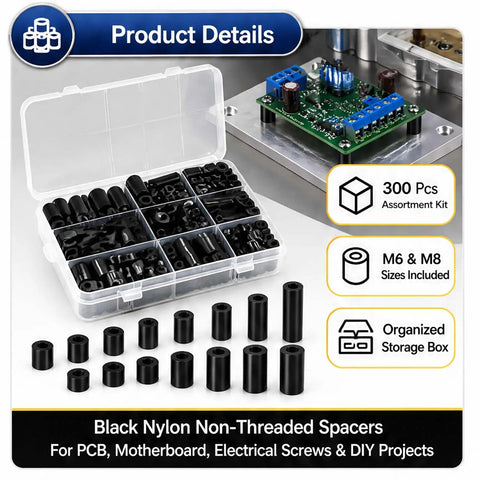M6 And M8 Nylon Spacers Kit 300 Pieces Black Round Standoff Spacers For PCB Board Electronics DIY Mounting Hardware Ideal For Circuit Assembly Mounting And Hardware Spacing Gear. Black nylon non-threaded spacers in storage box, M6/M8 sizes, for PCB mounting