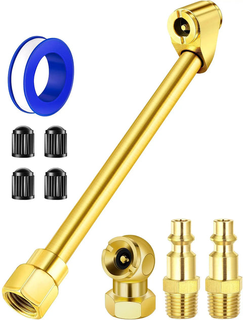 Dual Head Air Chuck Set With Closed Ball Tire Chuck And One Quarter Inch NPT Quick Plug Pro Grade Heavy Duty Tire Inflation Kit for air compressor and tire gauge with metal alloy construction and accessories.