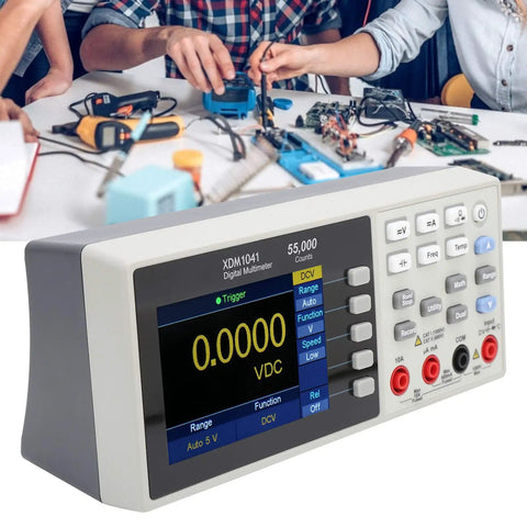 Desktop Digital Multimeter With 3.7 Inch LCD And True RMS Temperature Tester 55000 Counts on a lab table