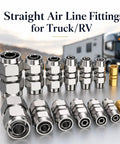 8 Piece Straight Air Line Fittings Set For Truck And RV Built Tough Heavy Duty Push In Pneumatic Connectors, display with truck backdrop.