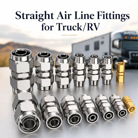 8 Piece Straight Air Line Fittings Set For Truck And RV Built Tough Heavy Duty Push In Pneumatic Connectors, display with truck backdrop.