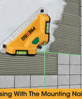 Square Laser Level With Green Beam, 65 Feet Tile Floor Layout, 90 Degree Aluminum Base, Magnetic Level Square, Built In Bubble Vials, Nails And AA Batteries Included mounted on tile with green laser lines