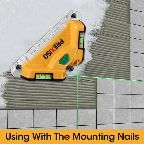 Square Laser Level With Green Beam, 65 Feet Tile Floor Layout, 90 Degree Aluminum Base, Magnetic Level Square, Built In Bubble Vials, Nails And AA Batteries Included mounted on tile with green laser lines
